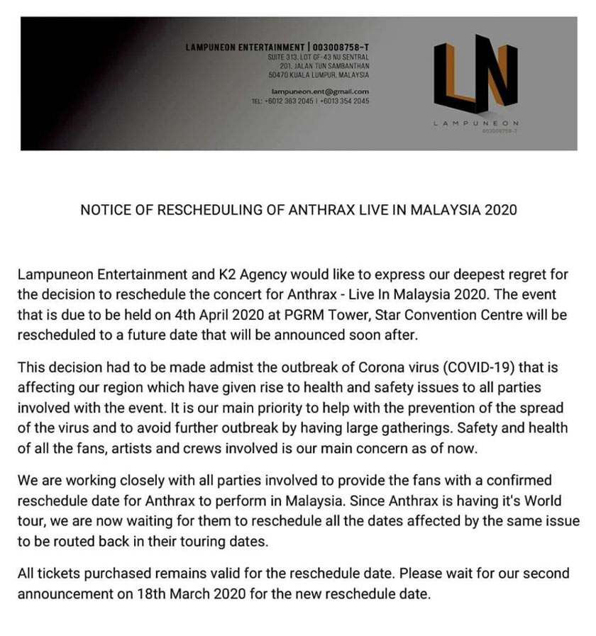 Pengumuman penangguhan konsert oleh penganjur.