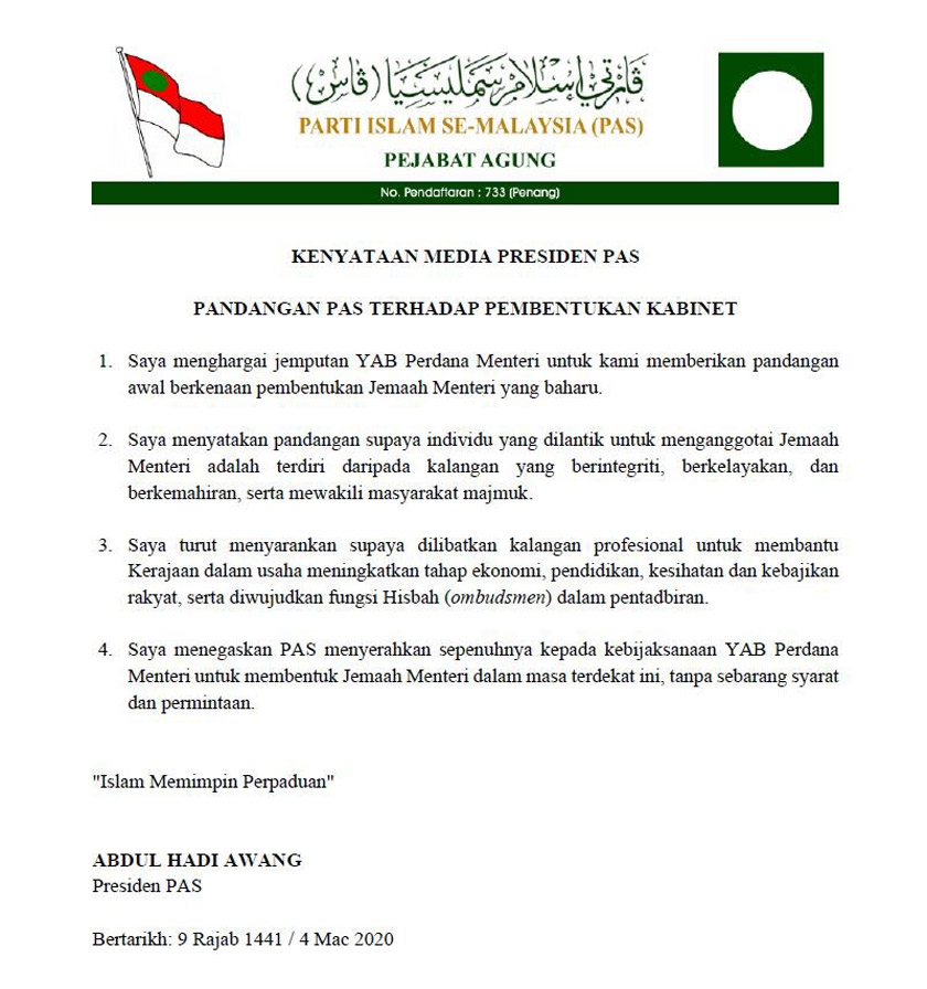 Pas tidak menetapkan sebarang syarat mahupun permintaan dalam proses pembentukan Jemaah Menteri.