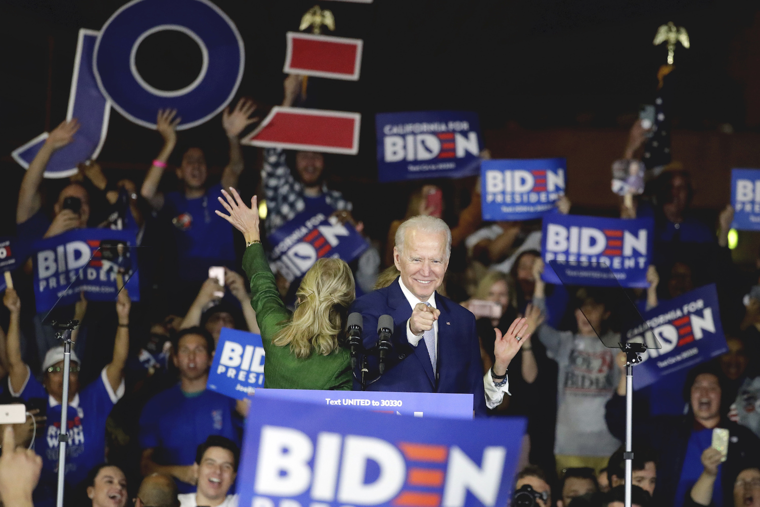 Democratic presidential candidate former Vice President Joe Biden speaks at a primary election night campaign rally Tuesday, March 3, 2020, in Los Angeles. (AP Photo/Chris Carlson)