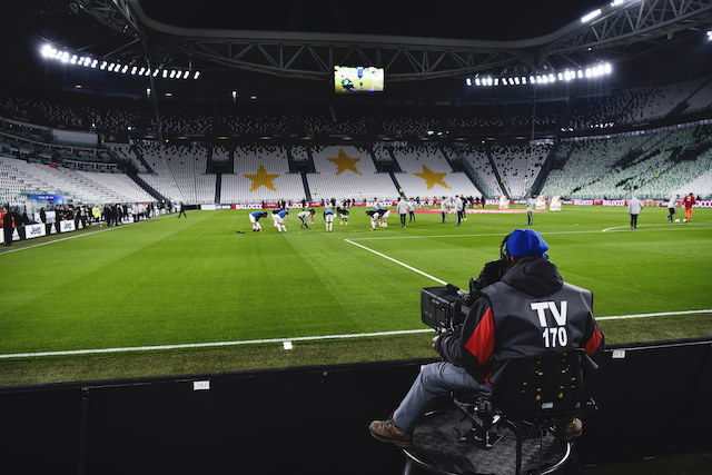 A view of the empty Juventus stadium, as a measure against coronavirus contagion, prior to the Serie A soccer match between Juventus and Inter, in Turin, Italy, Sunday, March 8, 2020. Serie A played on Sunday despite calls from Italy’s sports minister and players’ association president to suspend the games in Italy’s top soccer division. (Marco Alpozzi/LaPresse via AP)