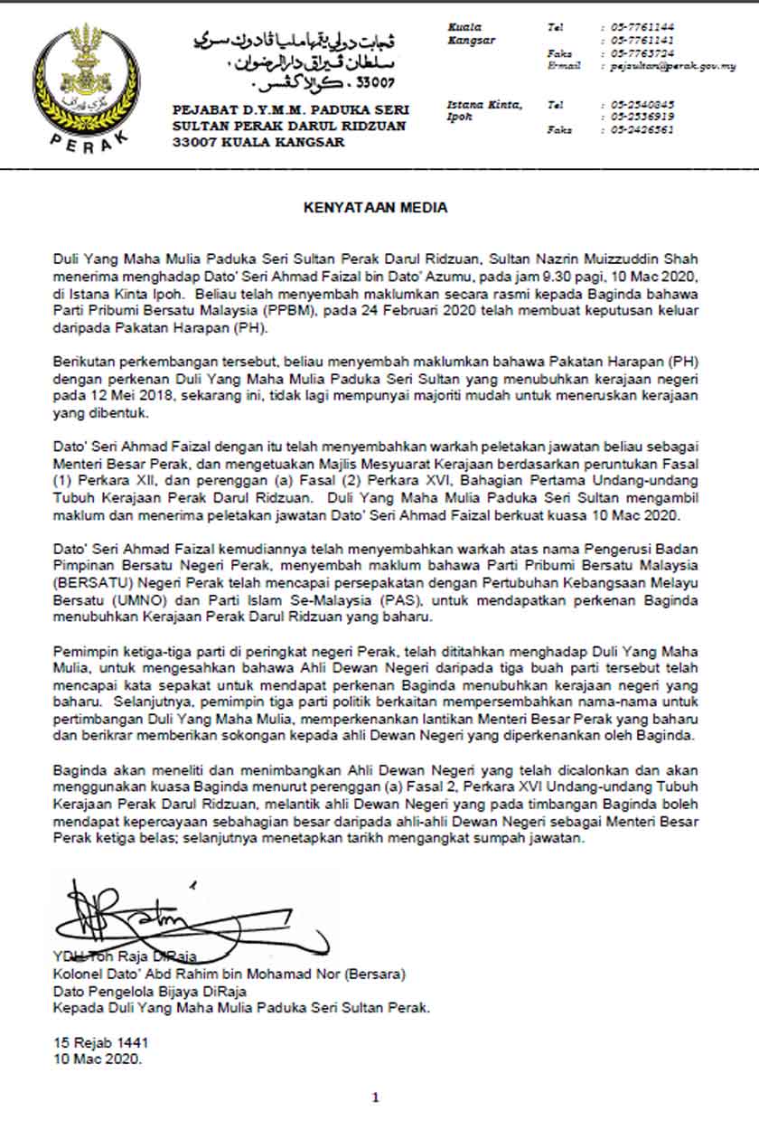 Kenyataan media yang dikeluarkan oleh Datuk Pengelola Bijaya DiRaja Perak, Datuk Abd Rahim Mohamad Nor.