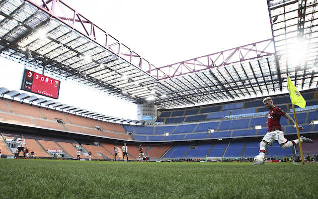 AC Milan's Samu Castillejo kicks from the corner in an empty stadium during the Serie A soccer match between AC Milan and Genoa at the San Siro stadium, in Milan, Italy, Sunday, March 8, 2020. Serie A played on Sunday despite calls from Italy’s sports minister and players’ association president to suspend the games in Italy’s top soccer division. (Spada/LaPresse via AP)