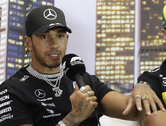 Mercedes driver Lewis Hamilton of Britain speaks during a press conference at the Australian Formula One Grand Prix in Melbourne, Thursday, March 12, 2020. Six-time world champion Lewis Hamilton has questioned the wisdom of staging the season-opening Formula One Grand Prix while other sports are canceling events because of the spreading coronavirus. (AP Photo/Rick Rycroft)