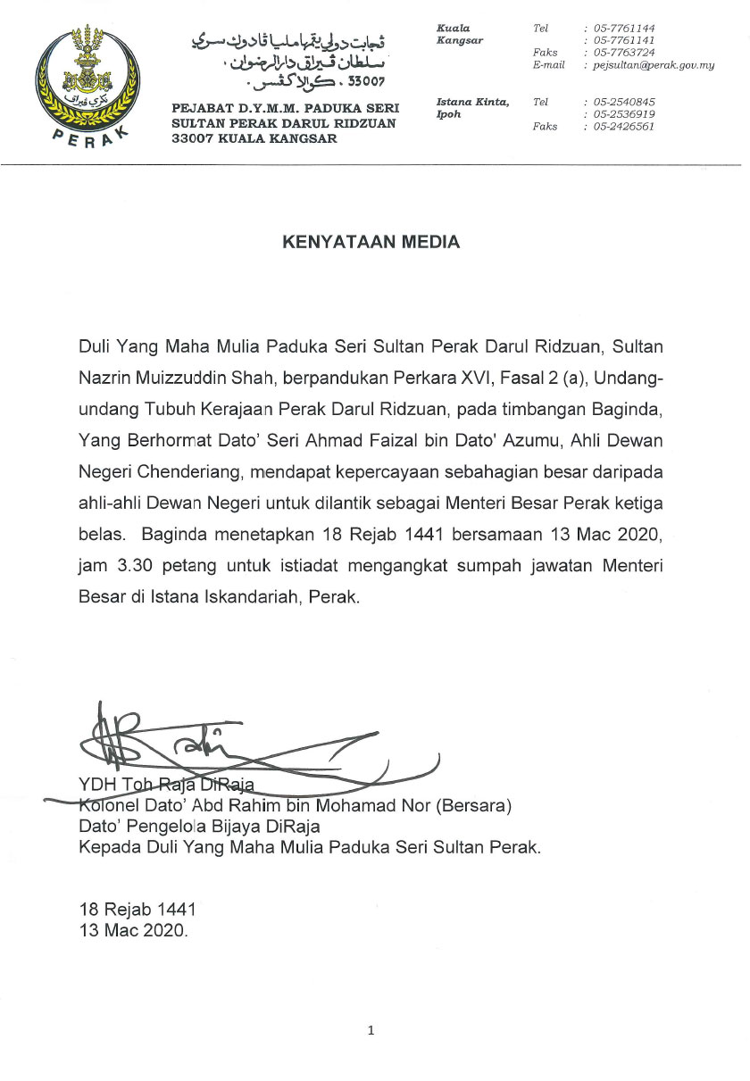 Pengerusi Parti Pribumi Bersatu Malaysia (Bersatu) Perak, Datuk Seri Ahmad Faizal Azumu dilantik sebagai Menteri Besar Perak ke-13 di bawah pentadbiran kerajaan baharu Perikatan Nasional (PN).