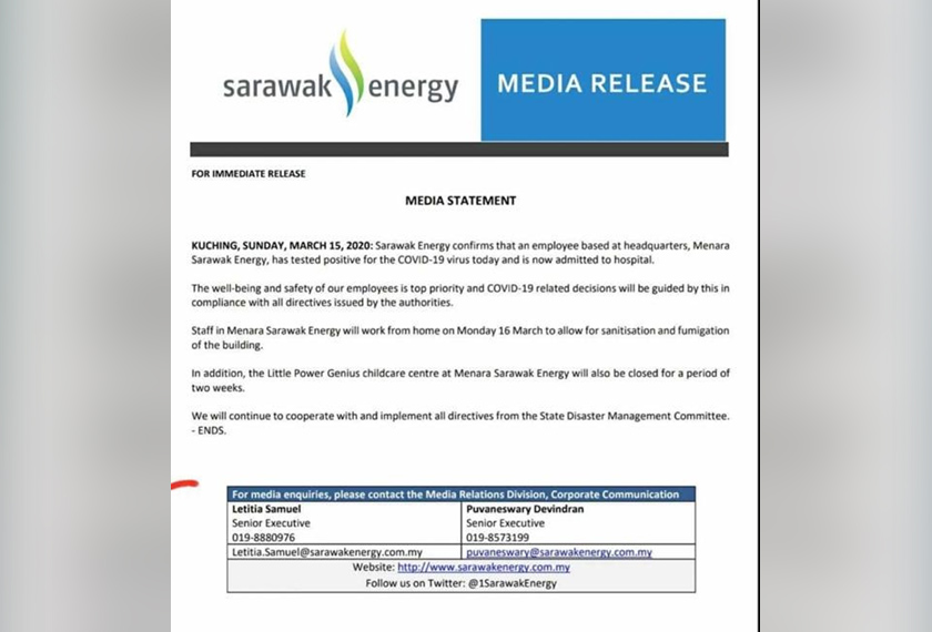 Kenyataan Media Sarawak Energy mengenai penutupan ibu pejabat syarikat itu di Kuching susulan COVID-19