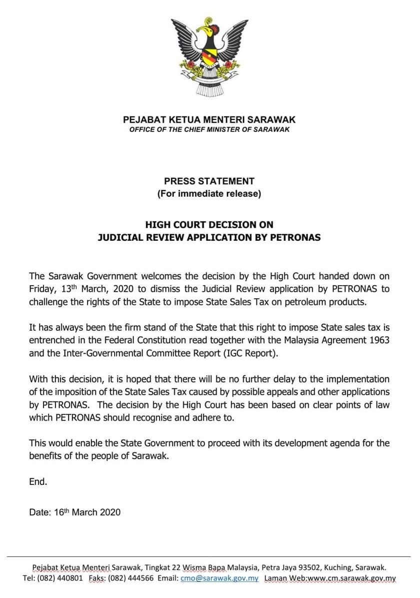 Kenyataan rasmi Pejabat Ketua Menteri Sarawak