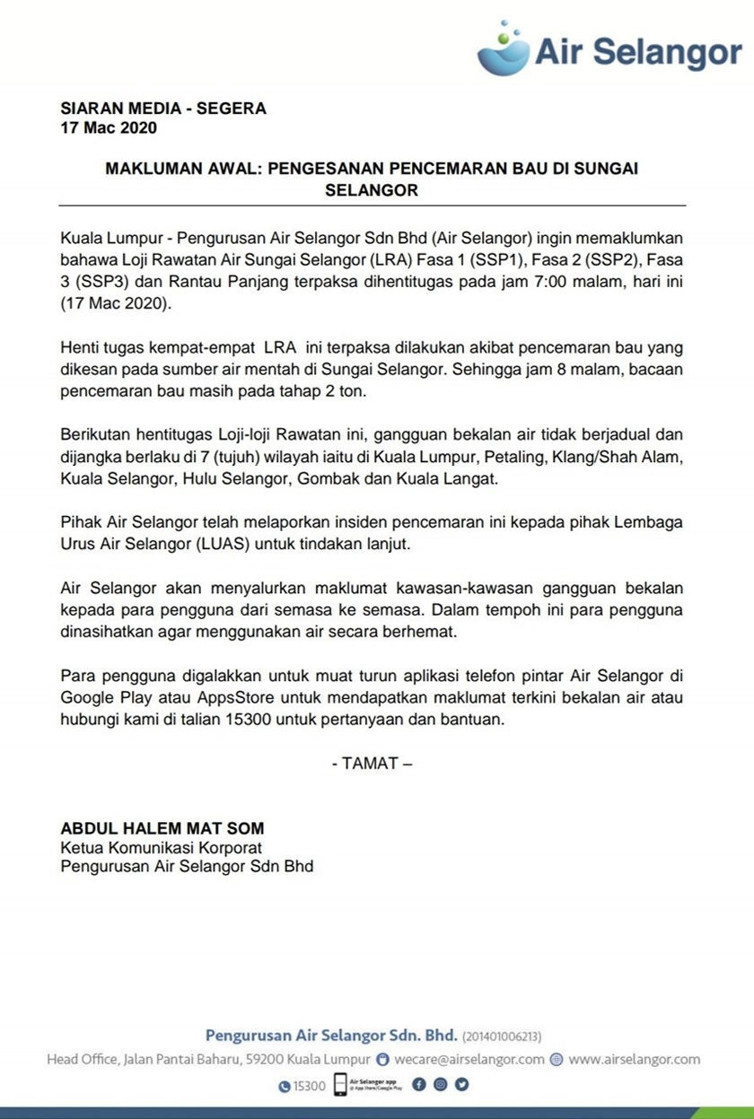 Gangguan bekalan air tidak berjadual dijangka berlaku di tujuh wilayah termasuk Kuala Lumpur, Petaling, Klang/Shah Alam, Kuala Selangor, Hulu Selangor, Gombak dan Kuala Langat
