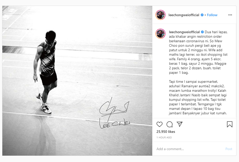 Kemaskini di akaun Instagram Lee Chong Wei.