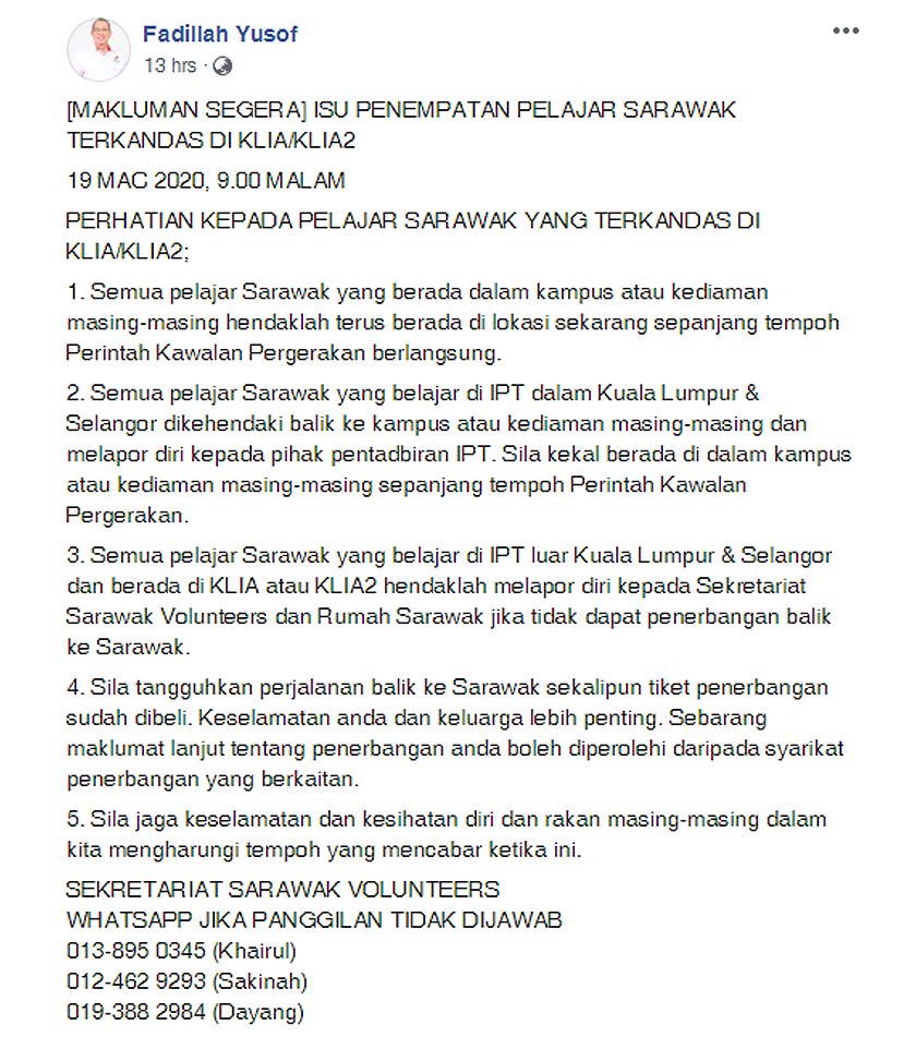 Hantaran Facebook Fadillah yang menggesa pelajar Sarawak di Semenanjung untuk kekal di kampus atau kediaman masing-masing