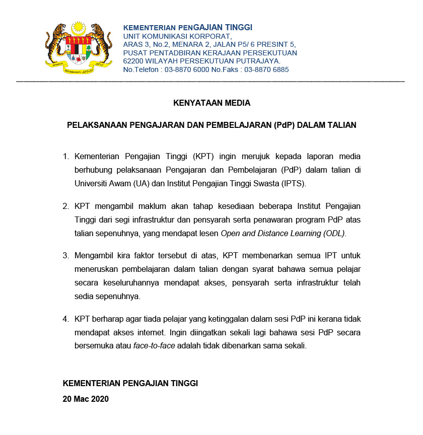KPT membenarkan semua UA IPTS melaksanakan PdP dalam talian.
