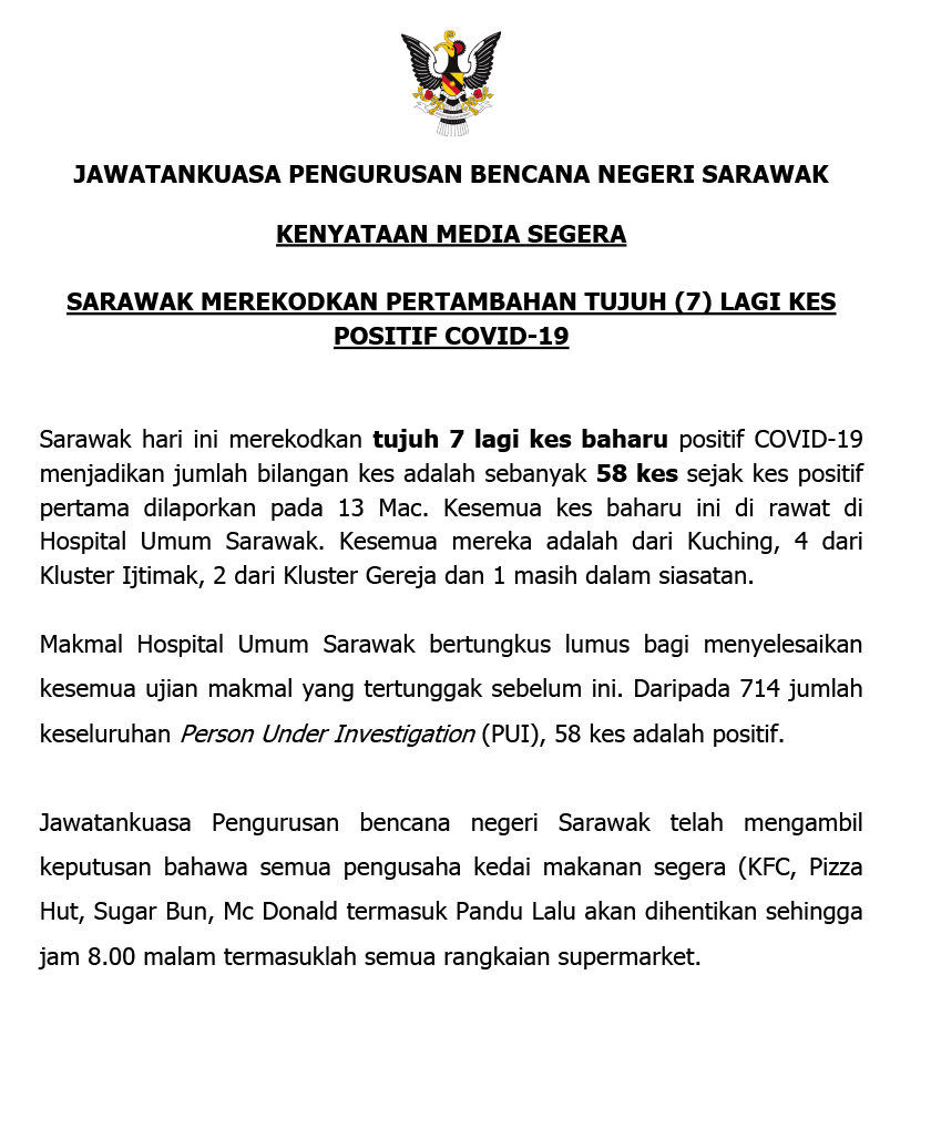 Kenyataan akhbar JPBN Sarawak bagi memaklumkan perkembangan terkini kes COVID-19 di negeri itu.