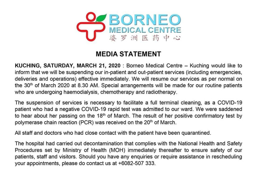 Kenyataan BMC bertarikh 21 Mac yang memaklumkan langkah serta merta yang dilakukan hospital itu bagi elak penularan COVID-19