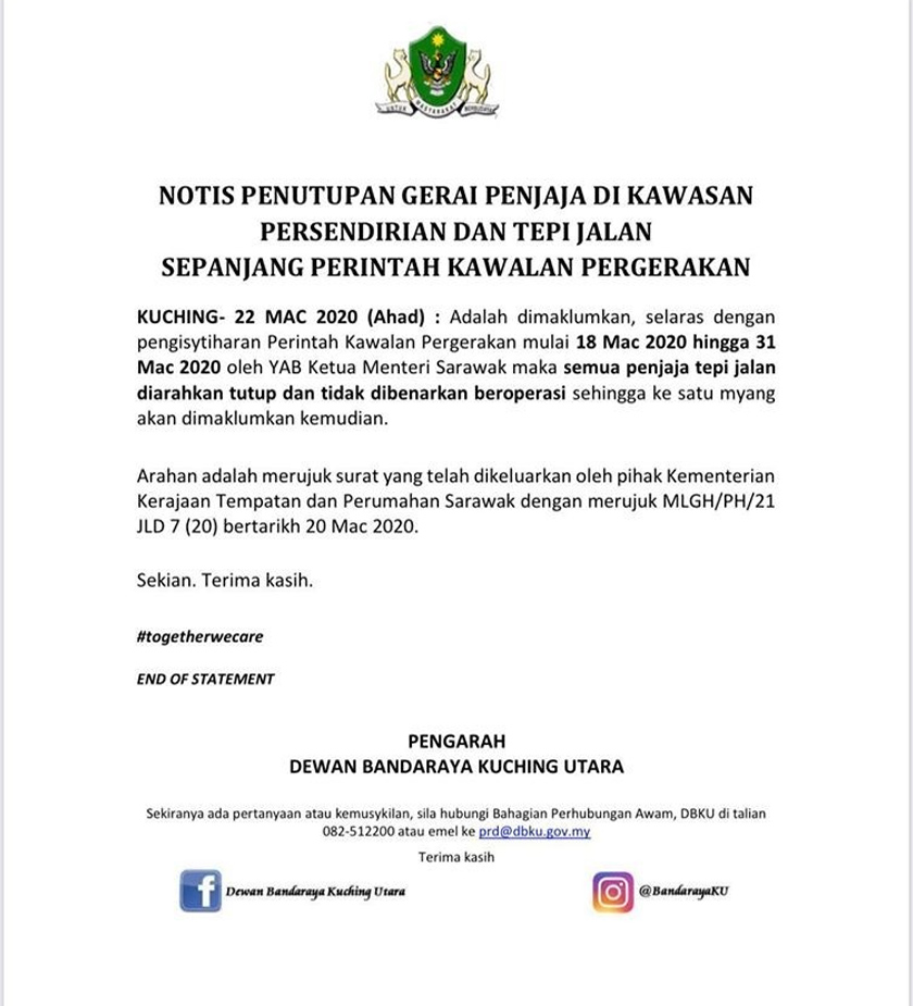 Notis arahan penutupan gerai tepi jalan dan kawasan persendirian yang dikeluarkan DBKU