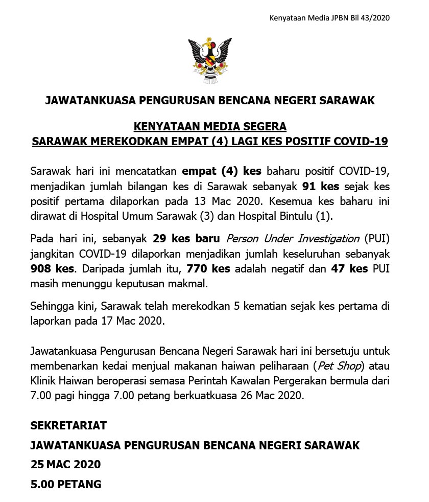 Kenyataan Media JPBN Sarawak memaklumkan perkembangan kes COVID-19 setakat jam 5.00 petang Rabu 