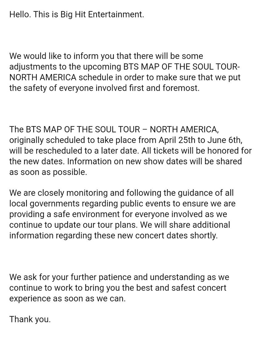 Kenyataan rasmi daripada Big Hit Entertainment.