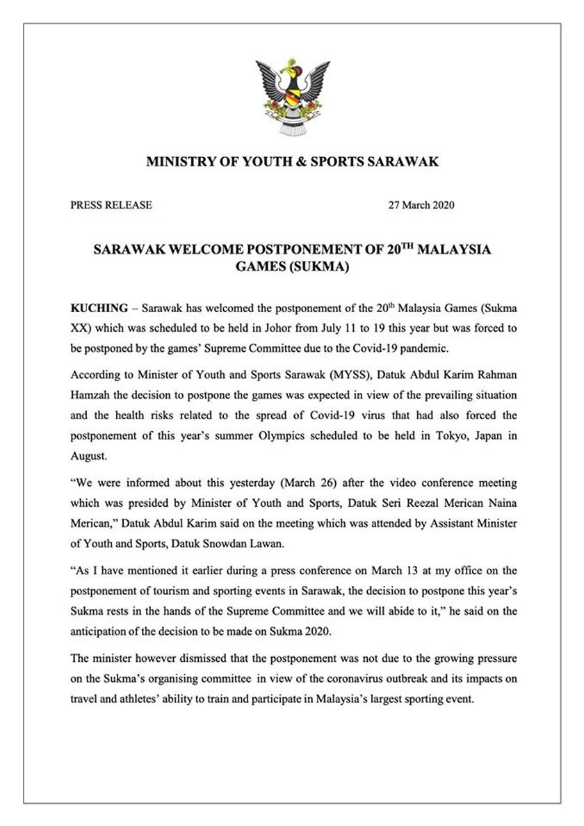 Kenyataan Belia dan Sukan Sarawak yang memaklumkan reaksi terhadap penangguhan SUKMA 2020