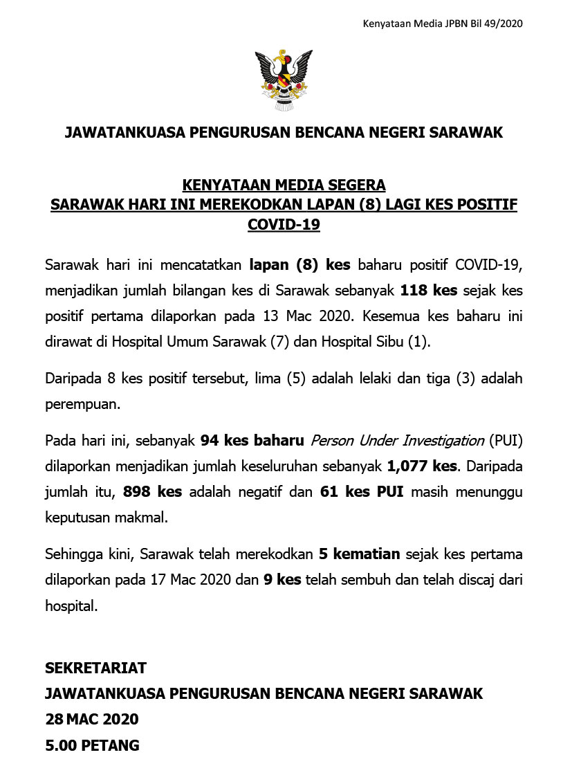 Kenyataan rasmi JPBNS berhubung kemas kini harian kes COVID-19 di Sarawak