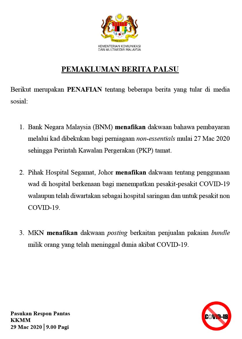 Pasukan Respon Pantas Kementerian Komunikasi dan Multimedia hari ini mengeluarkan tiga penafian terhadap beberapa kenyataan yang tular di media sosial dan di aplikasi pesanan ringkas. - Foto KKMM