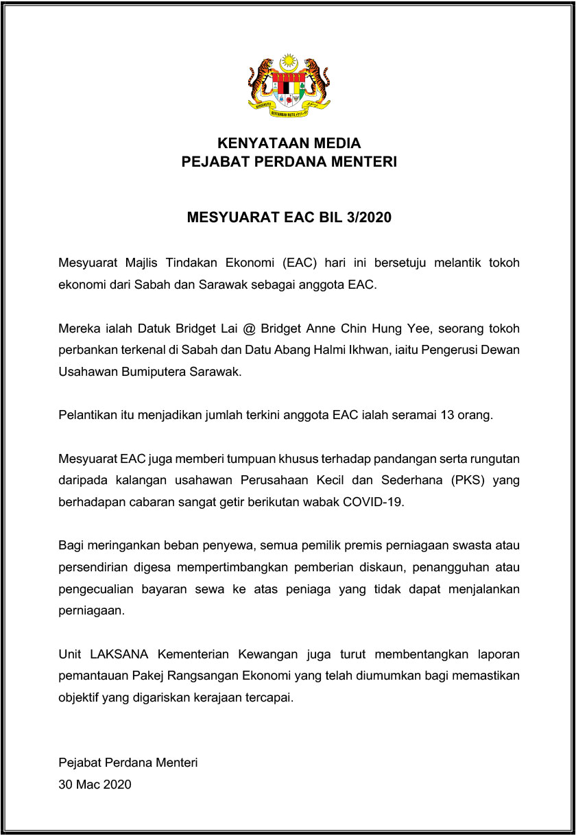 Pejabat Perdana Menteri dalam satu kenyataan memaklumkan, tokoh yang dilantik adalah tokoh perbankan terkenal Sabah,  Datuk Bridget Lai @ Bridget Anne Chin Hung Yee dan Pengerusi Dewan Usahawan Bumiputera Sarawak,  Datu Abang Halmi Ikhwan.