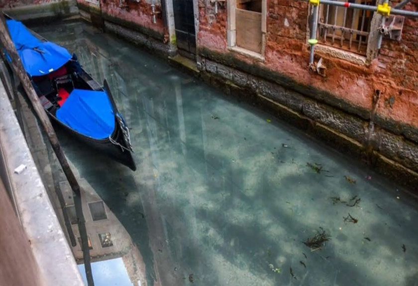 Terusan di Venice yang selalunya menunjukkan kualiti air yang keruh, kini bertukar jernih. 