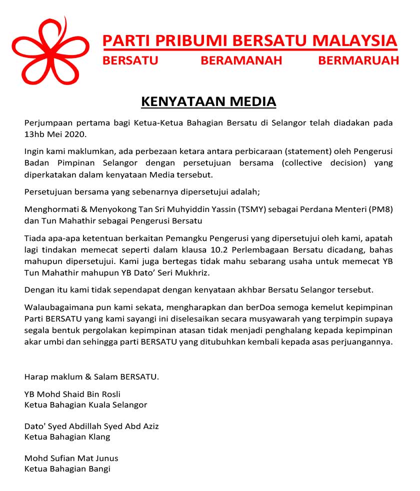 Tiga ketua bahagian Bersatu di Selangor anggap kenyataan Rashid Ashari bercanggah dengan apa yang dicapai dalam mesyuarat 13 Mei lepas. 