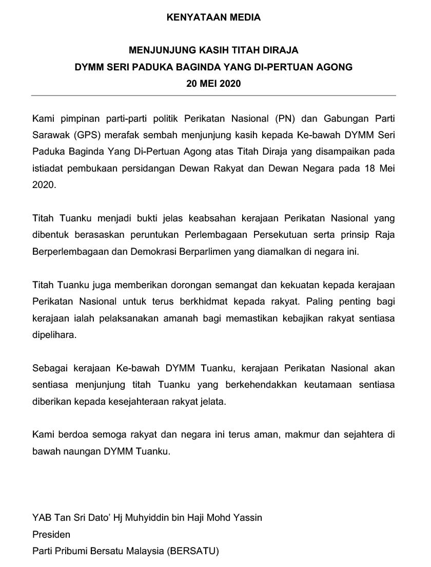 Titah Tuanku menjadi bukti jelas keabsahan kerajaan Perikatan Nasional yang dibentuk berasaskan peruntukan Perlembagaan Persekutuan.