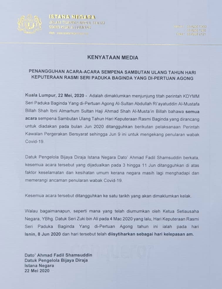 Kenyataan media penangguhan semua acara sempena sambutan Ulang Tahun Keputeraan Rasmi Yang di-Pertuan Agong.