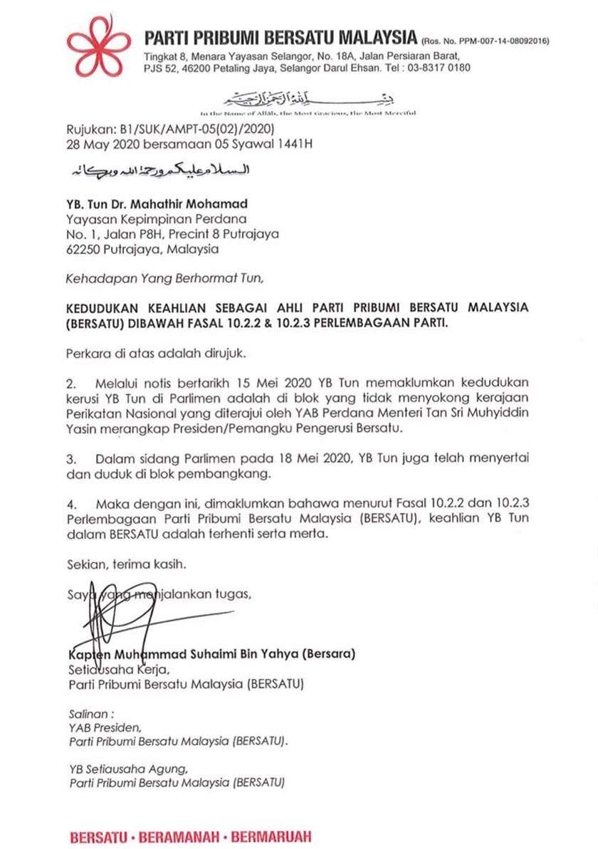 Surat pemecatan Tun Dr Mahathir Mohamad dari Bersatu