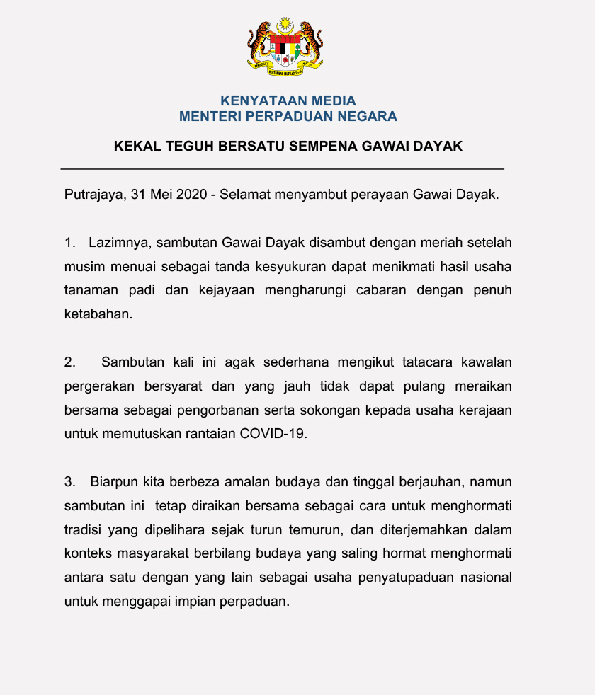 Kenyataan media Menteri Perpaduan Negara, Datuk Halimah Mohamed Sadique sempena Hari Gawai.