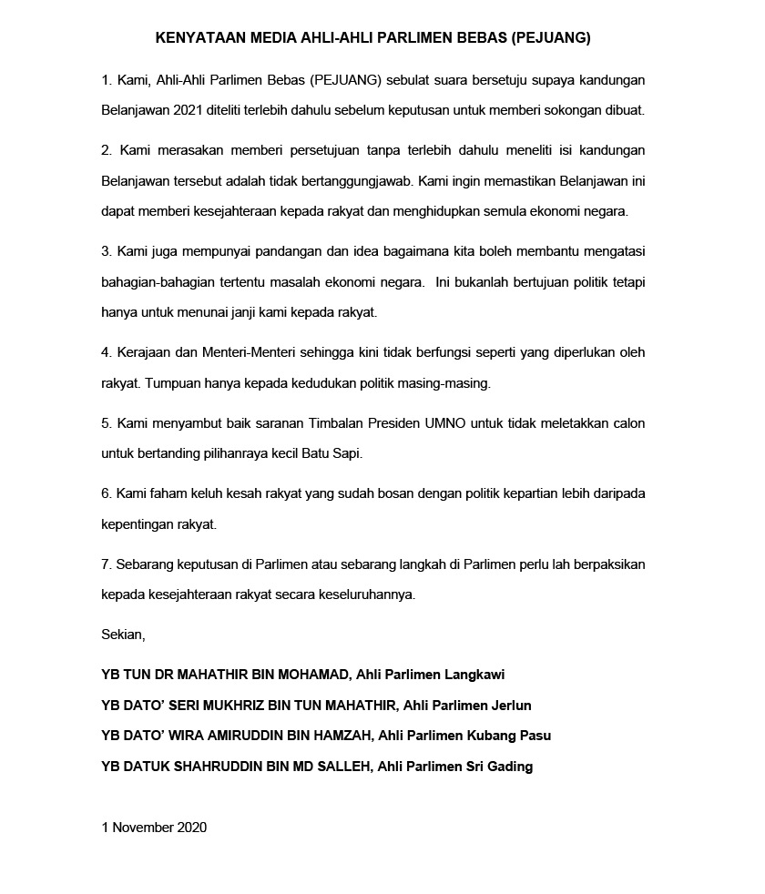 Kenyataan media empat Ahli Parlimen Bebas yang bernaung di bawah Pejuang berkait Belanjawan 2021