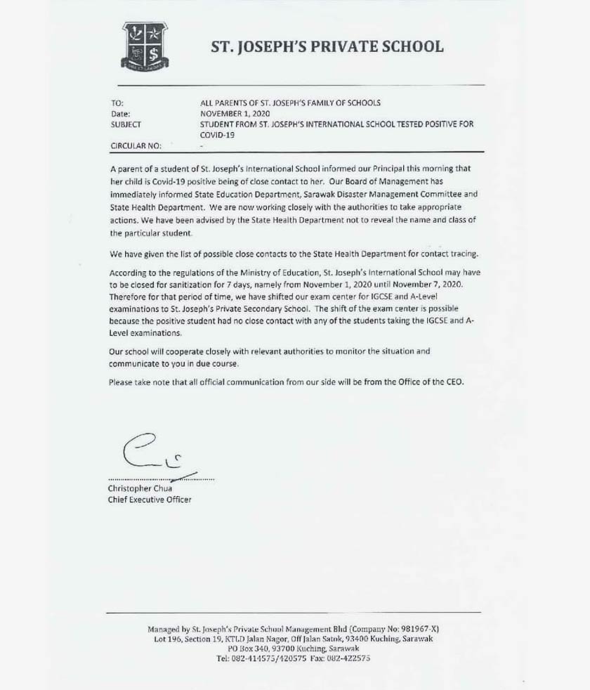 enyataan rasmi mengenai penutupan sementara Sekolah Antarabangsa St Joseph. Sumber: Facebook/stjosephsfamilyofschools