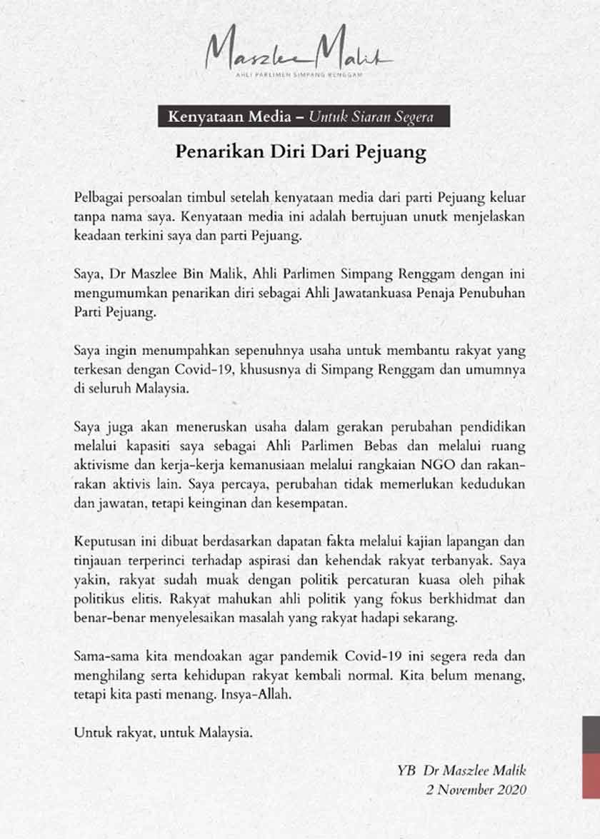 Maszlee umum tarik diri sebagai AJK penaja Pejuang