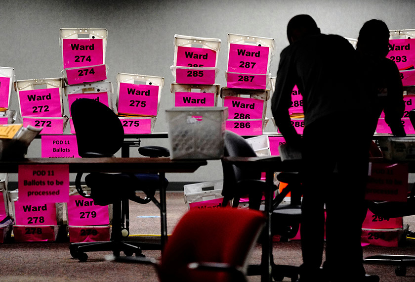 Empty boxes from Milwaukee's voting wards are seen the night of Election Day as absentee ballots are counted at Milwaukee Central Count in Milwaukee, Wisconsin, U.S. November 3, 2020. REUTERS/Bing Guan 