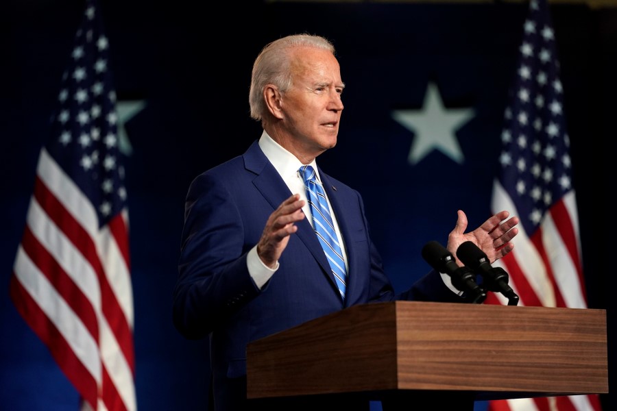 Democratic presidential candidate former Vice President Joe Biden speaks Wednesday, Nov. 4, 2020, in Wilmington, Del. (AP Photo/Carolyn Kaster)