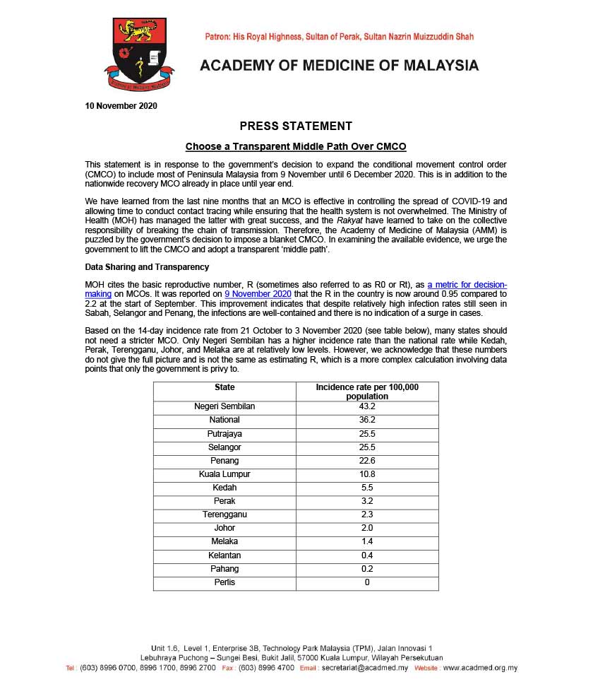 Berdasarkan kadar jangkitan 14 hari iaitu dari 21 Oktober sehingga 3 November, banyak negeri yang tidak seharuskan dikenakan Perintah Kawalan Pergerakan yang lebih ketat