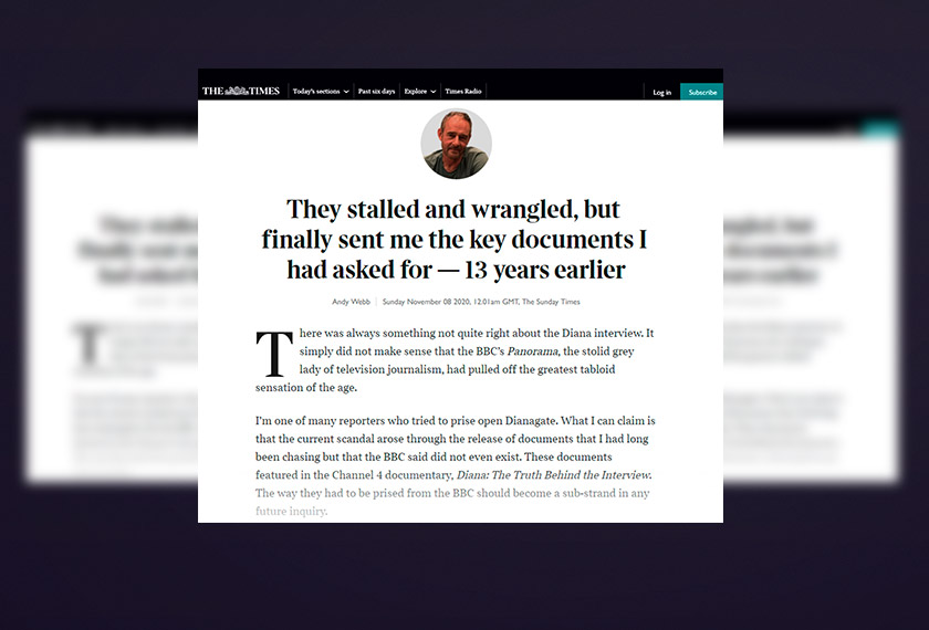 A research by journalist Andy Webb brought to light shocking revelations about BBC's Martin Bashir's interview with Princess Diana on the Panorama programme. Screenshot/The Times