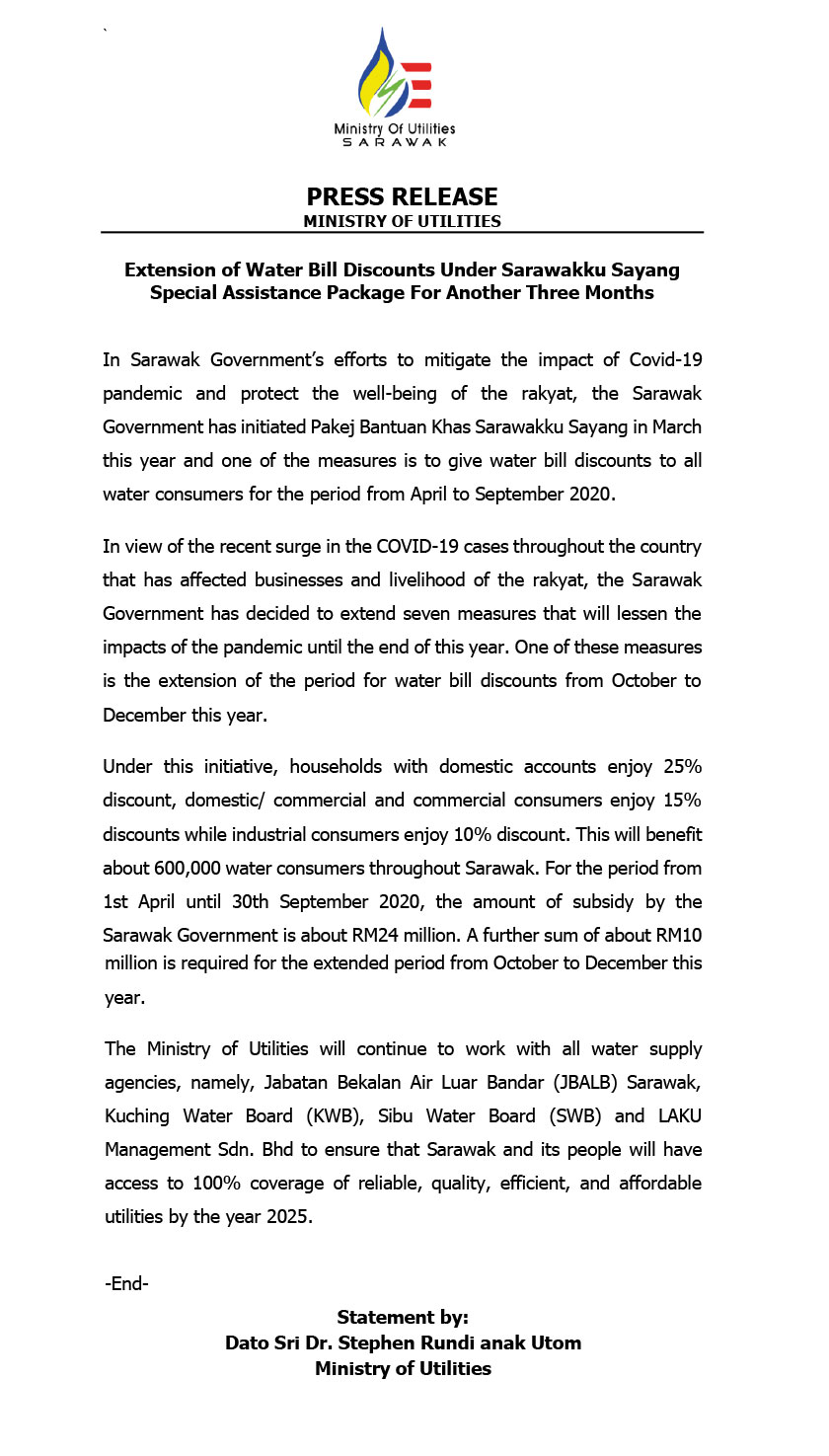 Kenyataan media Kementerian Utiliti Sarawak mengenai lanjutan diskaun bil bekalan air. 