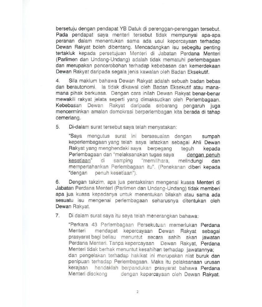 Tengku Razaleigh menjelaskan pendiriannya itu menerusi surat bertarikh 19 November lalu kepada Yang di-Pertua Dewan Rakyat Datuk Azhar Azizan Harun.