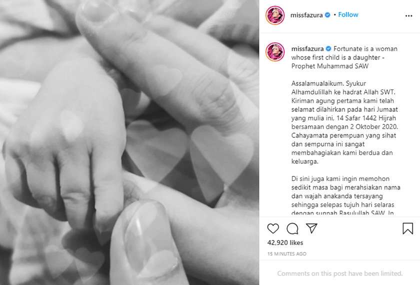 Fazura dan Fattah berkongsi berita gembira mengenai kelahiran bayi sulung mereka di Instagram pada Jumaat.
