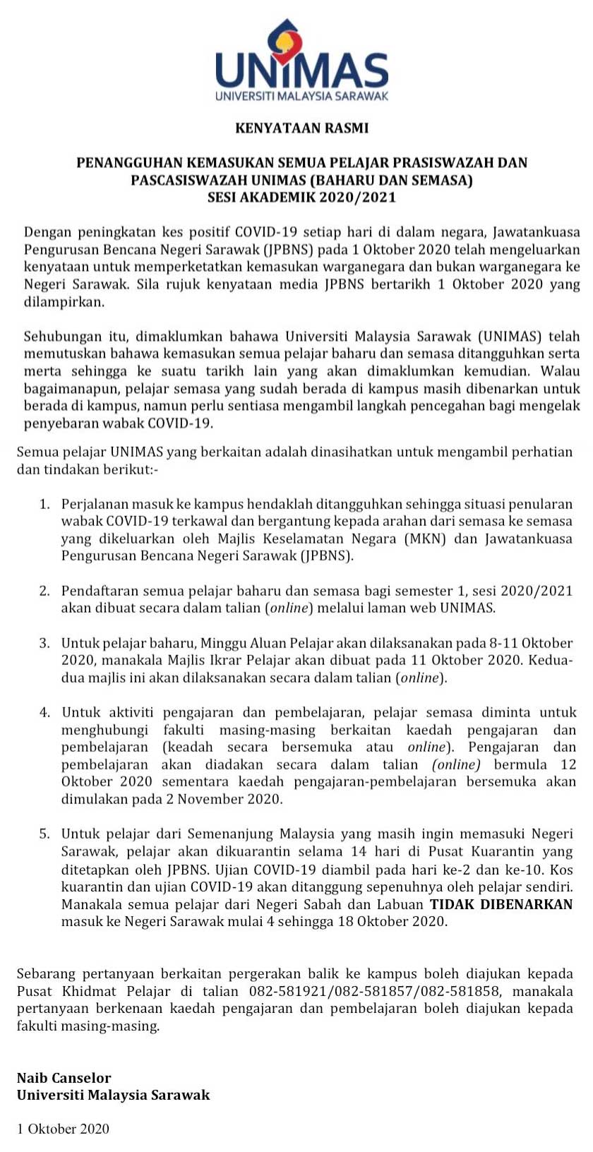 Kenyataan yang dikeluarkan oleh pihak UNIMAS. -Sumber Facebook UNIMAS