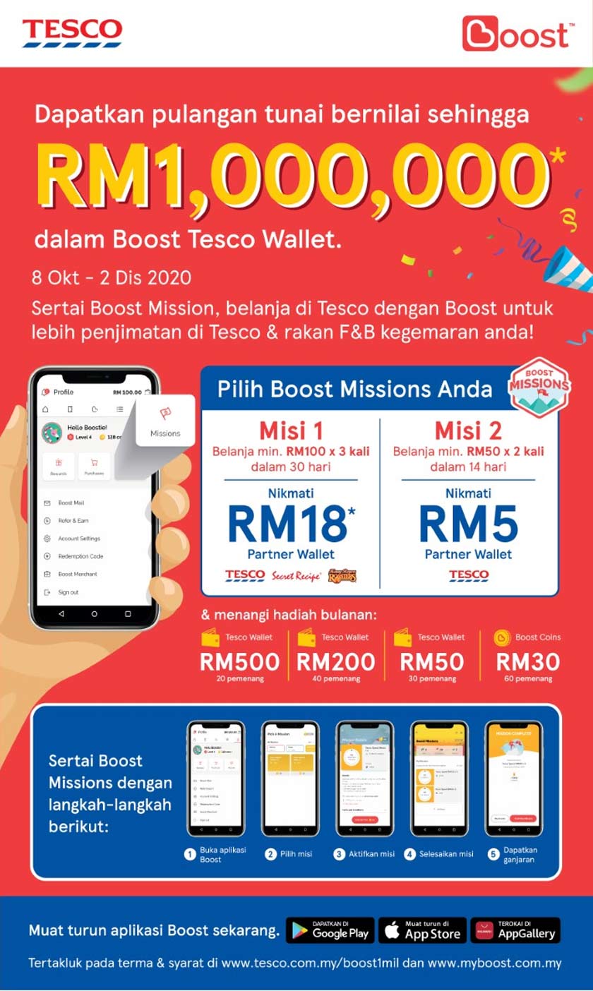 Pengguna e-Wallet boleh mendapatkan pulangan tunai dan hadiah bulanan menarik apabila berbelanja di Tesco dengan menyertai Boost Mission yang diadakan - Gambar Tesco