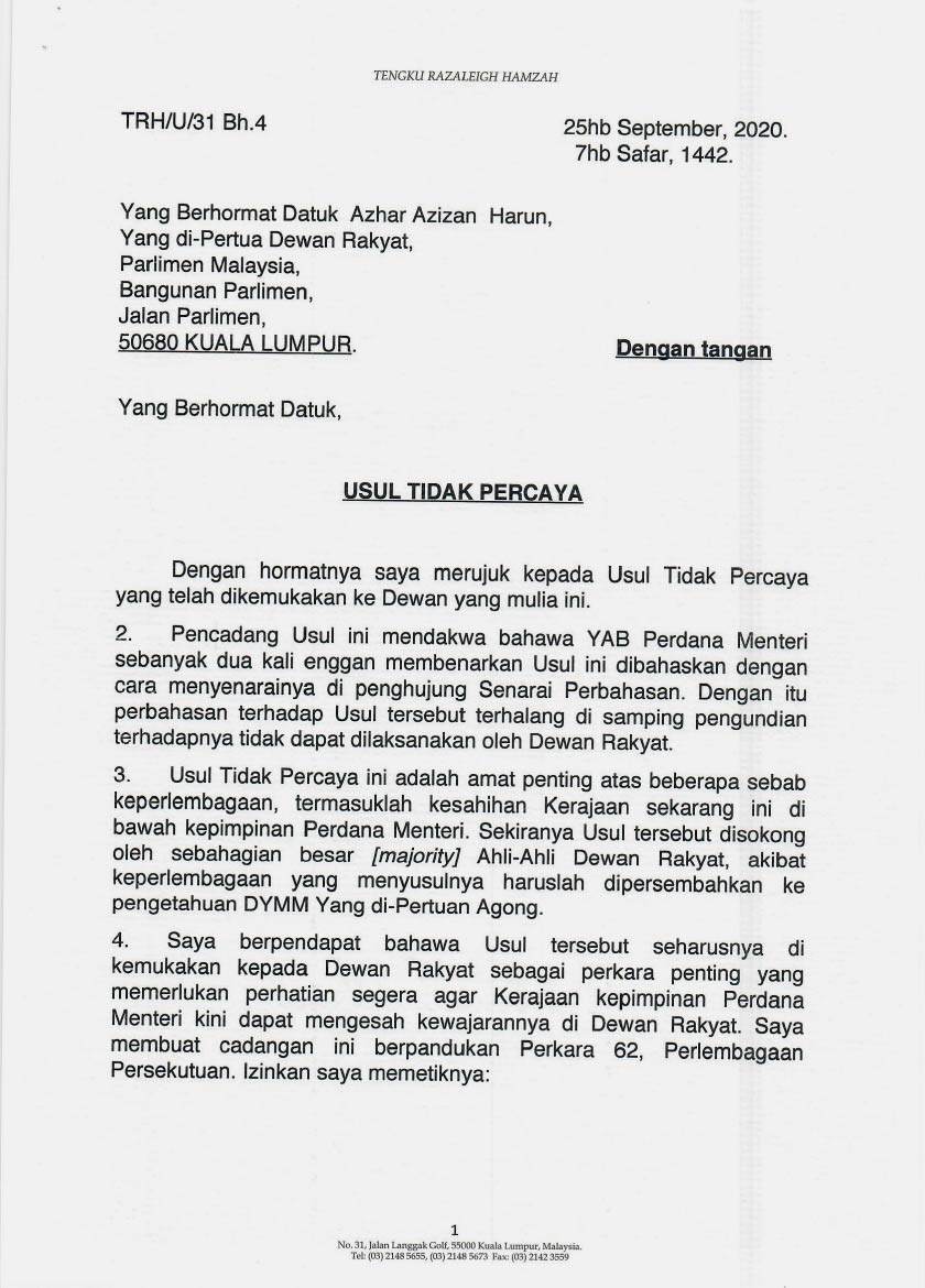 Surat Tengku Razaleigh kepada Speaker Dewan Rakyat