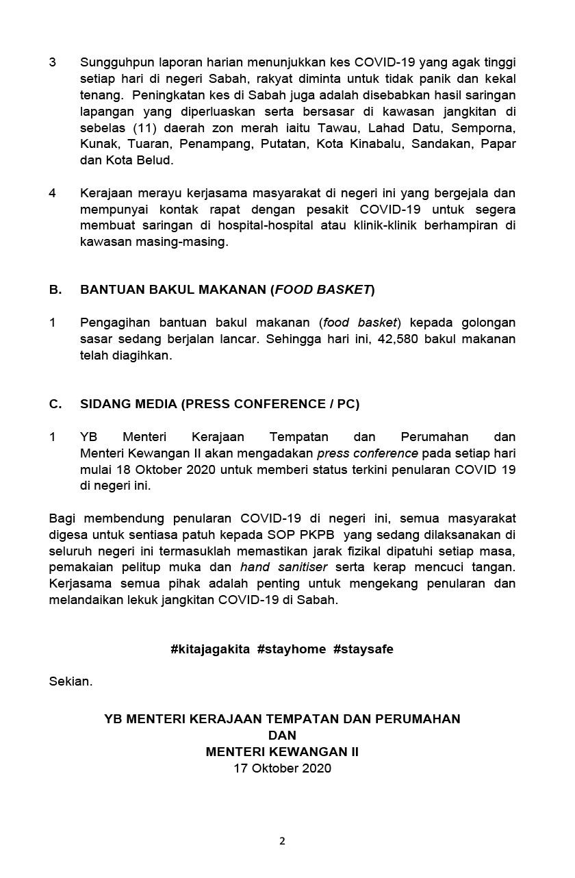 Kenyataan media harian COVID-19 oleh Datuk Seri Masidi Manjun.
