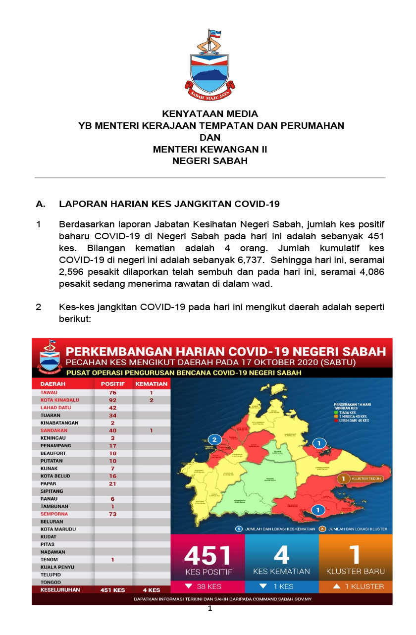 Kenyataan media harian COVID-19 oleh Datuk Seri Masidi Manjun.