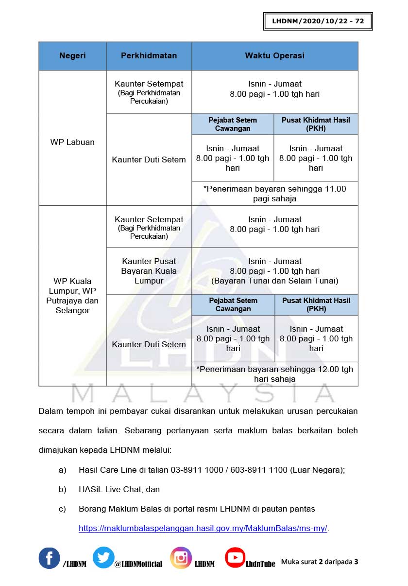 Mahu berurusan di LHDN? Ini waktu operasi sepanjang PKPB