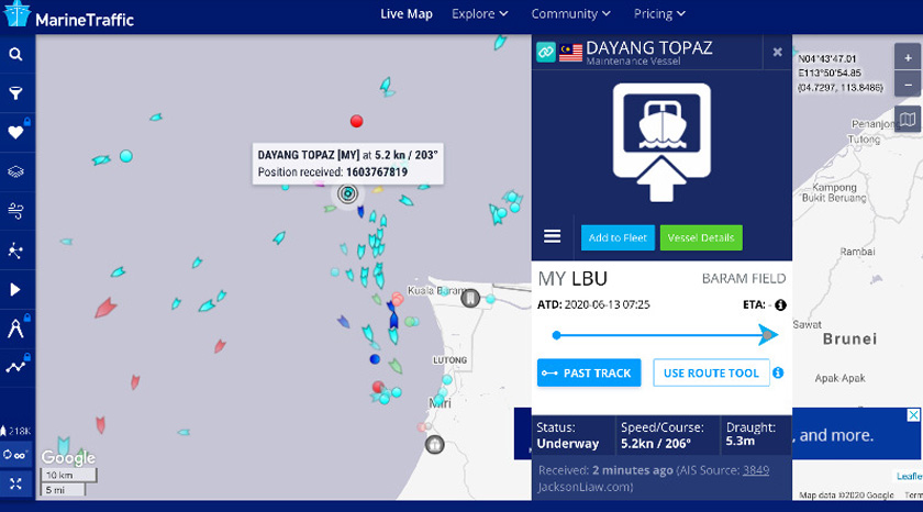 Lokasi Dayang Topaz sepertimana dilaporkan laman web www.marinetraffic.com