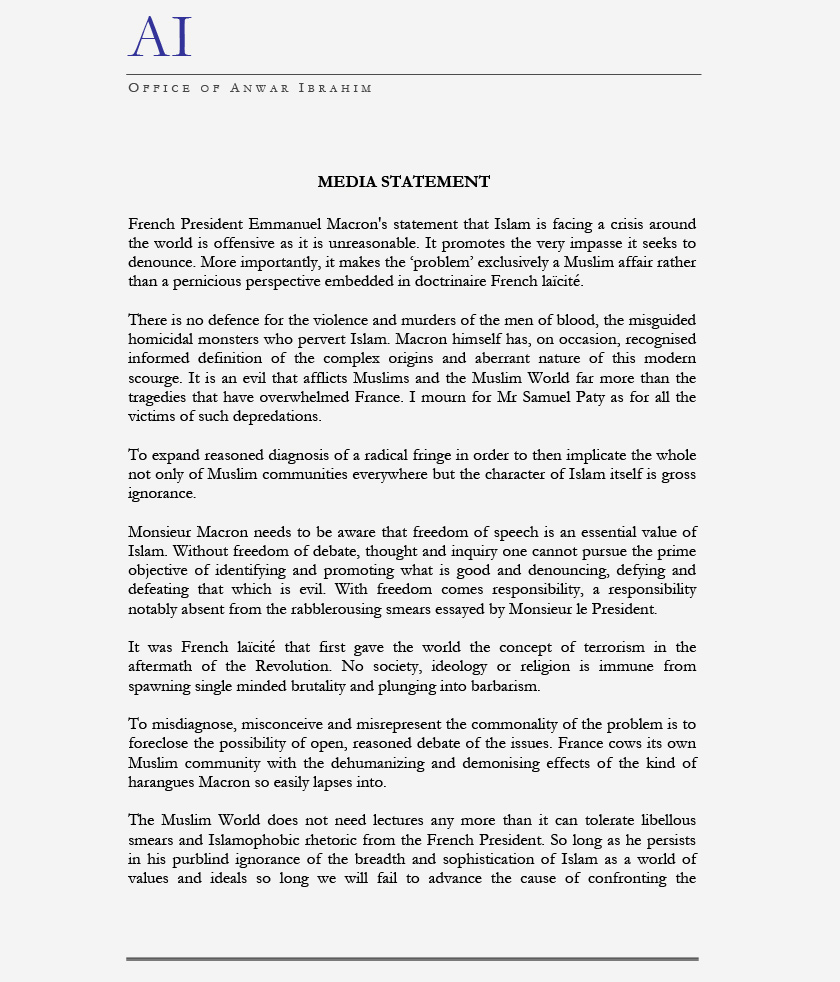 Surat terbuka Anwar Ibrahim kepada Emmanuel Macron 