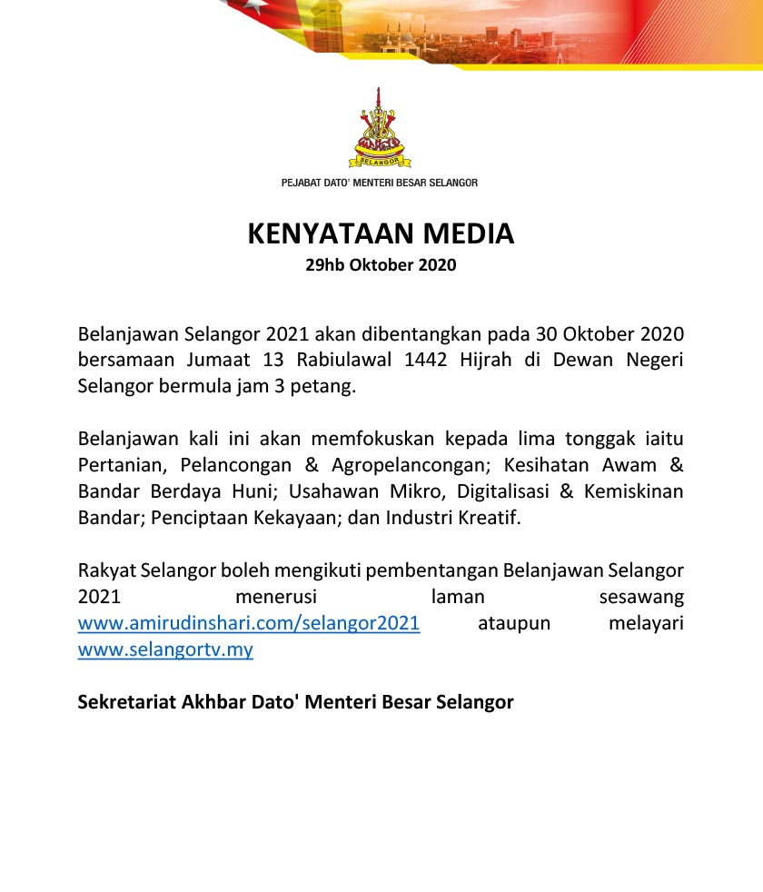 Belanjawan Selangor 2021 akan dibentangkan di Dewan Negeri Selangor  