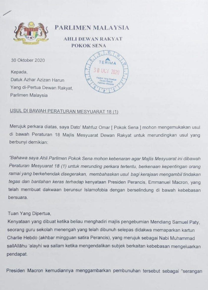 Usul di bawah Peraturan 18 Majlis Mesyuarat Dewan Rakyat yang dikemukakan oleh Datuk Mahfuz Omar