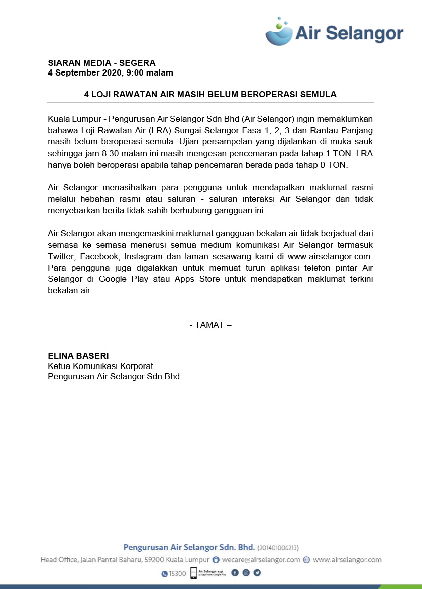 Ujian persampelan yang dijalankan di muka sauk sehingga jam 8:30 malam ini masih mengesan pencemaran pada tahap 1 TON.